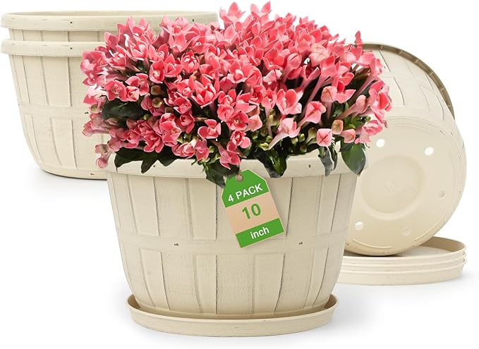 Quarut 10 inch Plastic Flower Pots for Indoor Plants，4 Pack Large Outdoor Planter Pot with Drainage Holes & Saucers，Imitation Wine Barrel Design，for Indoor Outdoor Garden Plants（White）-Ruum Studio Home