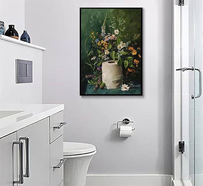 3Pcs Vintage Dark Green Bathroom Wall Art Shower Toilet Paper Roll Floral Poster Print Modern Farmhouse plants Painting Picture Wall Decor For Bathroom Living Room Decoration Unframed-Ruum Studio Home