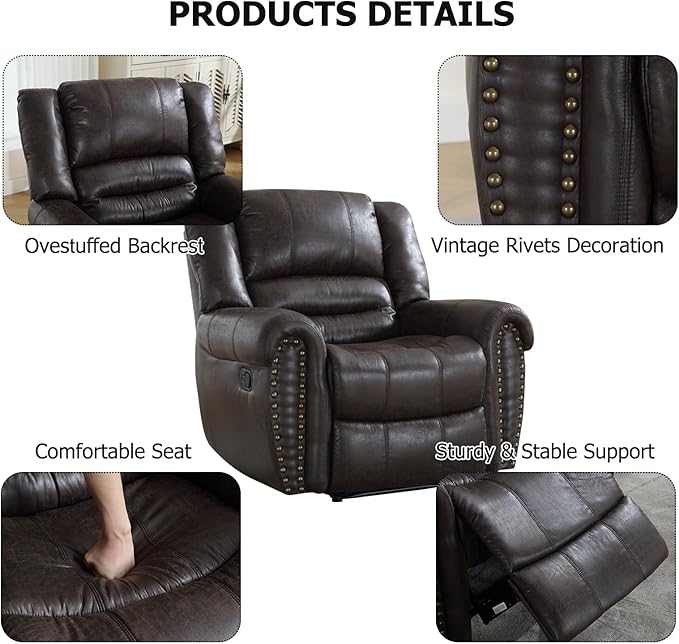 CANMOV Leather Recliner Chair Set of 2, Classic and Traditional Manual Recliner Chair with Comfortable Arms and Back,Manual Single Recliner Sofa for Living Room, Dark Grey-Ruum Studio Home