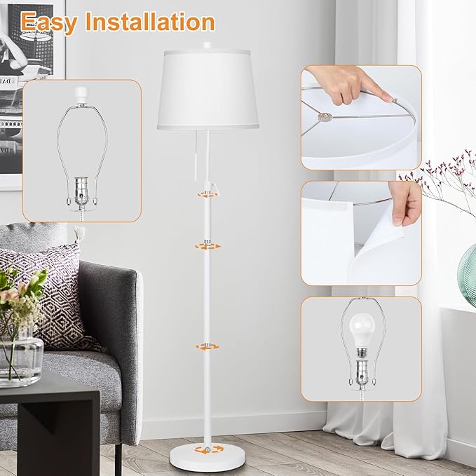 White Floor Lamp for Living Room 55-65" Adjustable Height Modern Standing Lamp with Pull Chain Tall Pole Light with White Shade for Bedroom Reading Office Corner Nursery 9W LED Bulb Included 3 Color-Ruum Studio Home