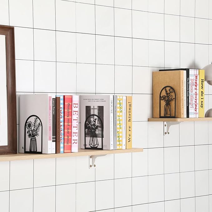 Faccito 5 Pairs Book Ends, Black Metal Bookends for Shelves Decorative, Non Skid Tree Stopper and Flower Shelf Holder for Heavy Books, Home Office School Supplies (Classic)-Ruum Studio Home