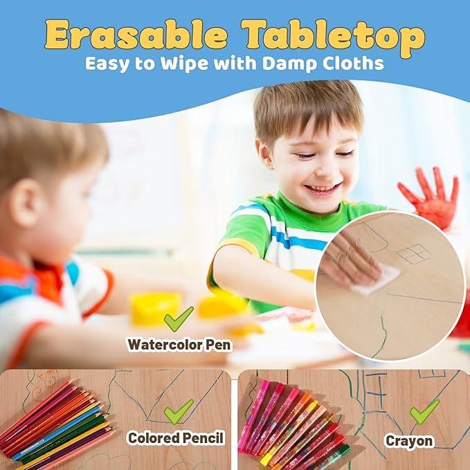FUNLIO Kids Table and 4 Chairs Set, Height Adjustable Toddler Table and Chair Set for Ages 3-8, Easy to Wipe Arts & Crafts Table, for Classrooms/Daycares/Homes, CPC & CE Approved (5-Piece Set) - Blue-Ruum Studio Home
