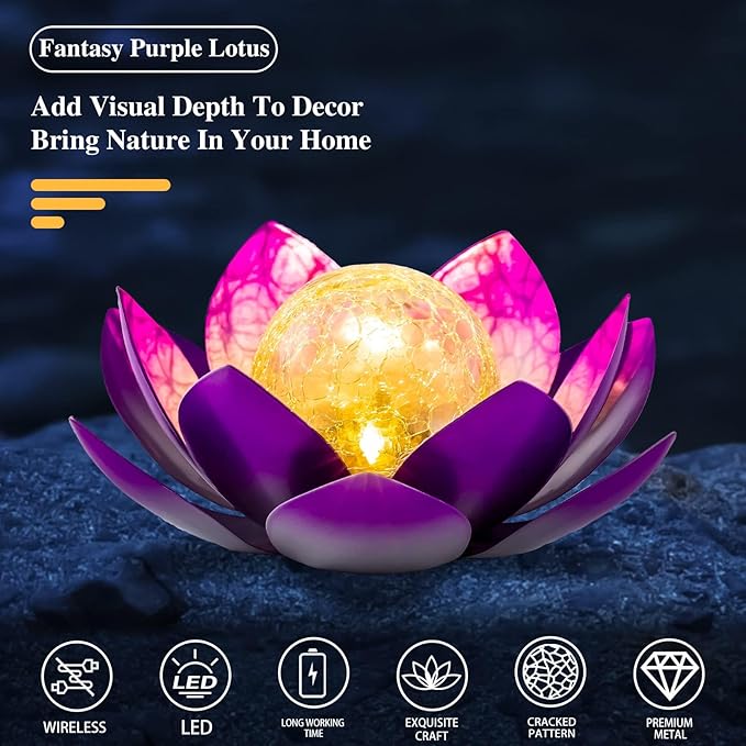 Solar Light Outdoor(2Pack), Art Crackle Globe Glass Lotus Decoration, Solar LED Waterproof Purple Metal Flower Lights for Patio,Lawn,Walkway,Tabletop-Ruum Studio Home