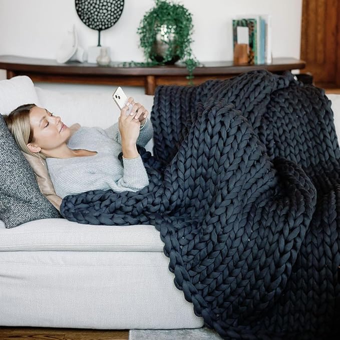Nuzzie Chunky Knit Weighted Blanket - Breathable, Cooling, Hand Made Knit Throw Blanket for Sleep - Machine Washable, Stylish Decor Design (Charcoal, Queen | 22lbs | 60"x80")-Ruum Studio Home