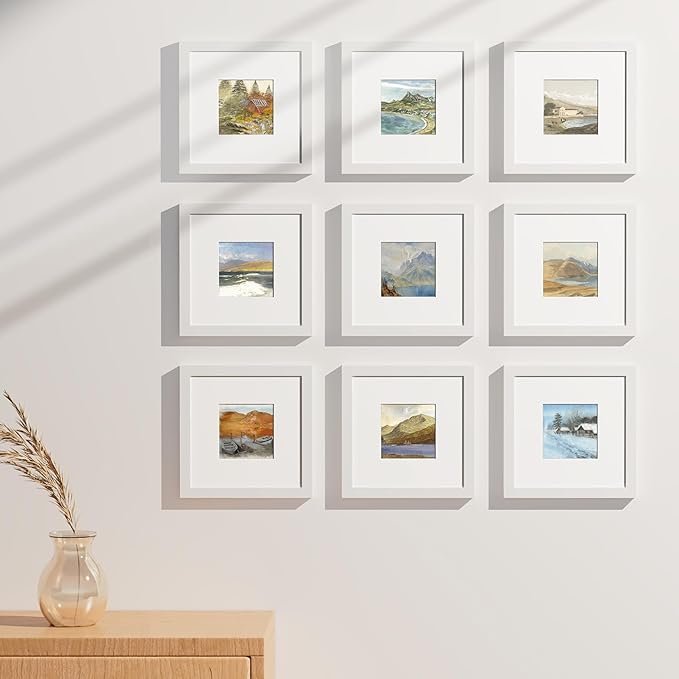 Vittanly 8x8 Picture Frames Set of 9, Shatter Resistant Plexiglass, Display 4x4 Pictures with Mat or 8x8 without Mat, Photo Frames for Wall Mount, Engineered Wood, White-Ruum Studio Home