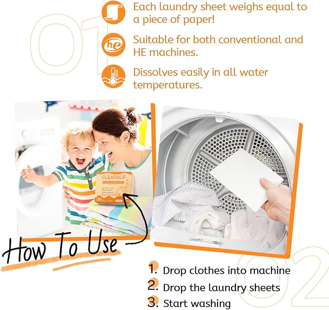 CLEARALIF Laundry Detergent Sheets (320 Loads), Orange,Great For Travel,Apartments, Dorms,CLEARALIF Laundry Detergent Strips Eco Friendly & Hypoallergenic (80 Count, Pack of 2)-Ruum Studio Home