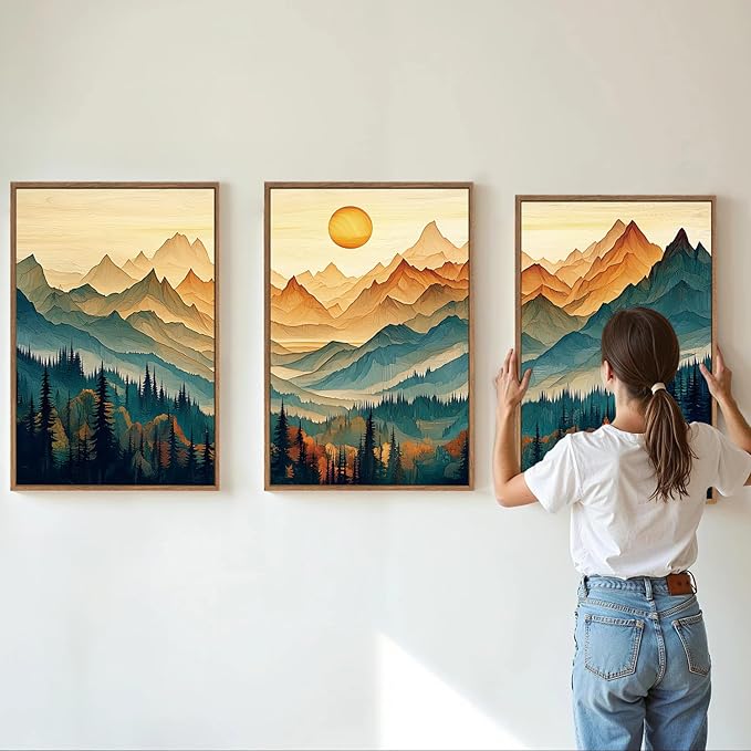 Tinonedraw Large Mountain Framed Canvas Wall Art Set of 3, Boho Nature Forest Wall Decor, Neutral Wooden Pine Trees Artwork, Sunrise Ridge Landscape Art Printing for Living Room Bedroom Office 16"x24"-Ruum Studio Home