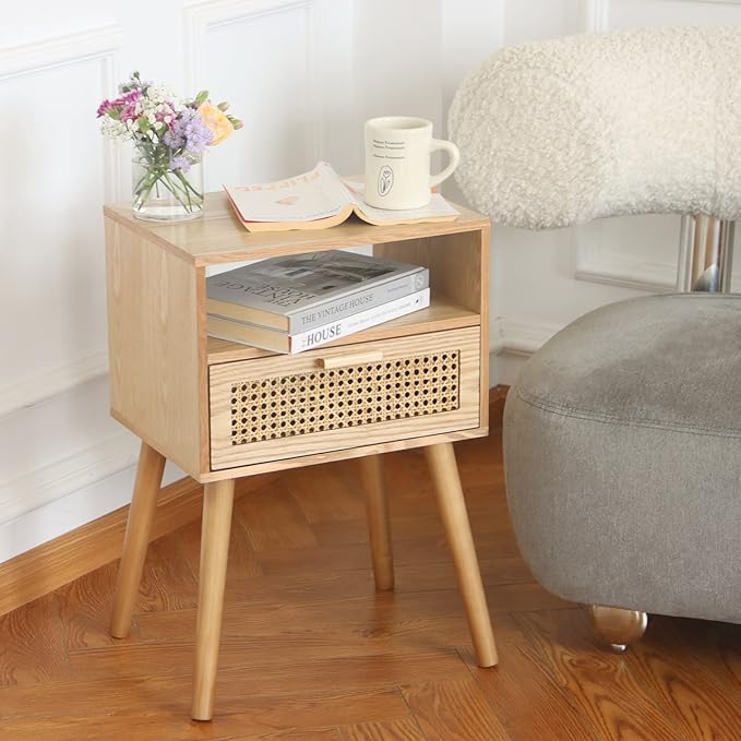 MaxSmeo Modern Nightstand Rattan Side End Table with Storage, for Living Room, Bedroom and Small Spaces, Accent Bedside Farmhouse Tables with Solid Wood Legs, Easy Assembly (Natural Walnut)-Ruum Studio Home