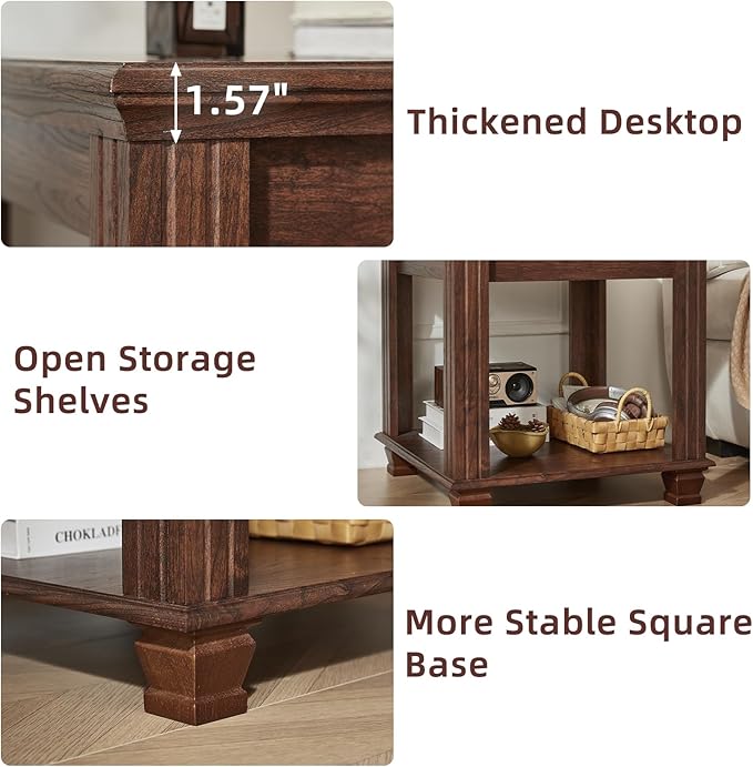 Farmhouse End Table Set of 2,Large Side Table with 2-Tier Storage Shelf,Rustic Brown End Tables for Living Room,Square Tea Table,Walnut-Ruum Studio Home