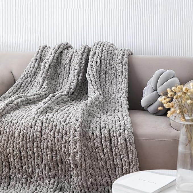 Chunky Knit Blanket Throw 40"*60", Hand Knitted Warm Chenille Throw Blanket, Home Decor Soft Thick Yarn Cable Knit Blanket, Soft Breathable Fleece Banket Christmas for Couch Bed Sofa Best Gift (Gray)-Ruum Studio Home