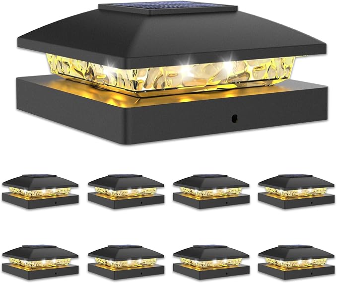 VOLISUN 4x4 Solar Post Cap Light 8pack,Solar Fence - Cap Lights Outdoor Waterproof for Wooden/Vinyl Post,Black Deck Post Cap Light Solar Powered with Warm White for Garden/Patio/Porch-Ruum Studio Home