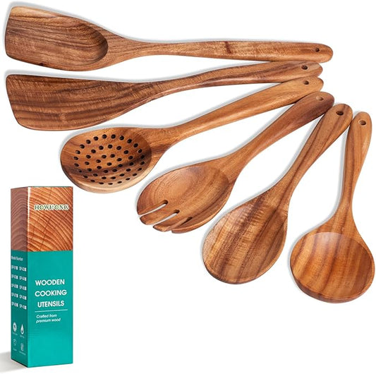 Wooden Spoons for Cooking 6 Piece - Natural Teak Wood Kitchen Utensils Set - Smooth Finish Soft Comfort-Grip Safe for Nonstick By HOWHONG-Ruum Studio Home