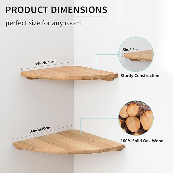 Corner Shelves, Floating Corner Shelf, Set of 2 16inch Solid Oak Wood Wall Shelves, Round End Wall Mount Display Shelf with Wire Hole for Bedroom Kitchen, Living Room-Ruum Studio Home