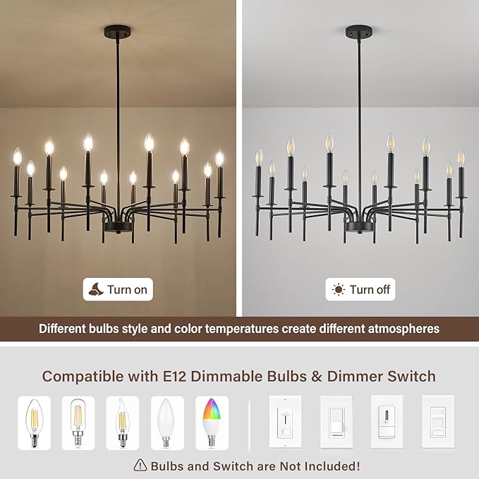12 Light Black Chandelier Light Fixture, Modern Farmhouse Chandeliers for Dining Room Light Fixture, Metal Candle Pendant Chandelier for Foyer Entryway Stairs Living Room Bedroom Kitchen-Ruum Studio Home