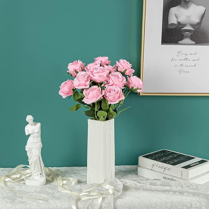 Pink Fake Roses Artificial Flowers - 16 Pcs Fake Artificial Roses Silk Flowers with Stems for Home Wedding Hotel Office Centerpiece Decor-Ruum Studio Home