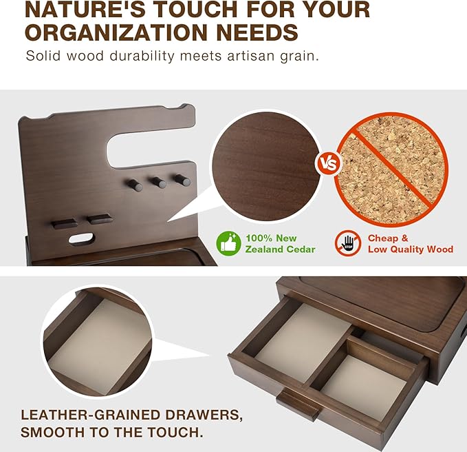 Solid Wood Nightstand Organizer, Docking Station, Gifts for Men, Made of Cedar, Versatile Bedside Table Organizer for Cellphone, Watch, Headphone, Keys, Dark Walnut-Ruum Studio Home
