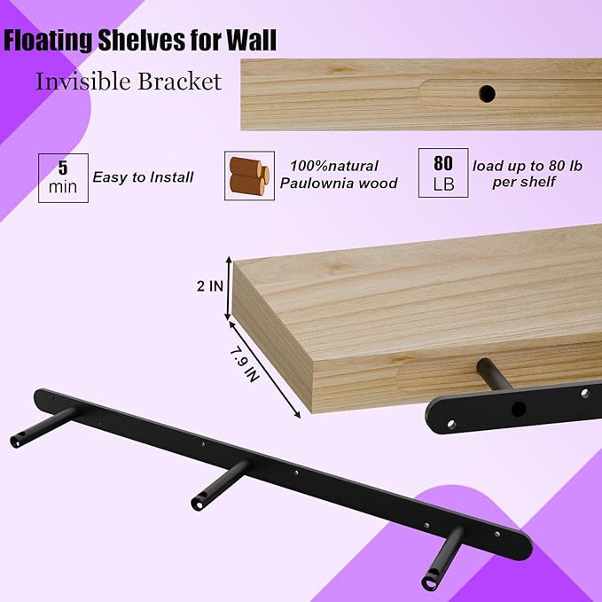 IAE Floating Wall Shelves 72 inch,Bathroom Shelves Wall Mounted,Invisible Shelves Floating Kitchen Shelves,Wooden Wall Shelves with Brackets for Living Room Wall Mounted,Easy Install,Set of 2,Natural-Ruum Studio Home