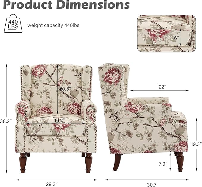 UIXE High Back Accent Chairs Set of 2, Fabric Upholstered Armchair for Living Room, Retro Printed Wingback Arm Chair Rivet Trimed Single Sofa Bedroom Reading Seat - Beige Floral-Ruum Studio Home