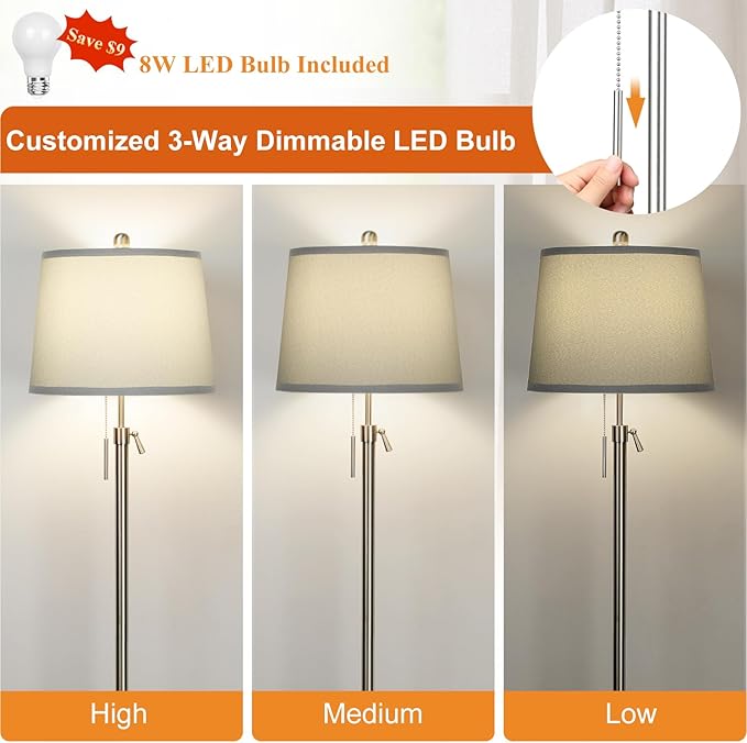 Floor Lamp for Living Room,Adjustable Height Standing Lamp,Dimmable Modern Floor Lamps for Bedroom Office Tall Floor Lights with Pull Chain Bulb Included-Silver Gray Shade-Ruum Studio Home