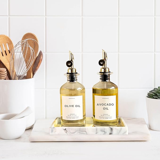 Olive Oil Dispenser Bottle For Kitchen With Silicone Tray & 40 Labels, Soy Sauce Dispenser, Coffee Syrup Dispenser, Olive Oil Bottles Set Of 2, Gold-Ruum Studio Home