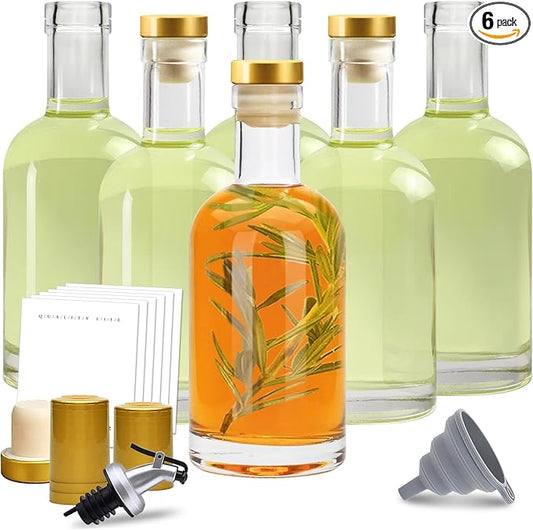 Olive Oil Dispenser Bottle for Kitchen, Clear Glass Oil and Vinegar Dispenser Set, Coffee Syrup Dispenser, Container With Metal Pour Spout, Airtight Lid, Funnel, Waterproof Labels (200ml-6 Pack)-Ruum Studio Home