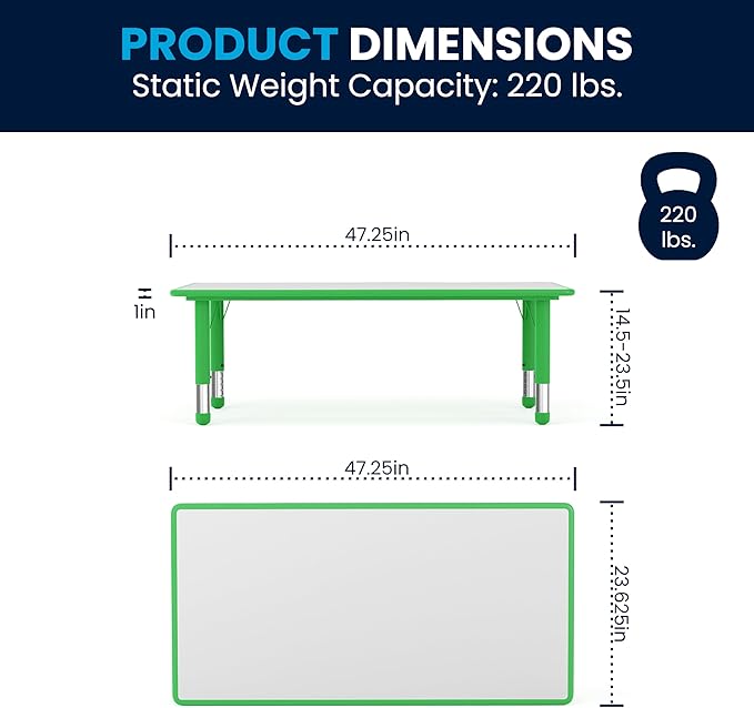 Flash Furniture Wren 23.625''W x 47.25''L Rectangular Green Plastic Height Adjustable Activity Table with Grey Top-Ruum Studio Home
