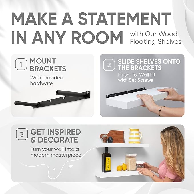 Homeforia White Floating Shelves 24 inch, High End Solid Real Wood 24inch Bathroom Floating Shelf for Wall Mounted, White Wooden 24in Floating Shelves, Heavy Duty Bracket, 24 X 6.5 X 1.75 in, Set of 2-Ruum Studio Home