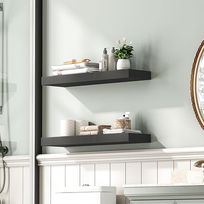 HOOBRO Floating Shelves for Wall, Wall Mounted Shelf Set of 2, 23.6" Hanging Shelf with Invisible Brackets, for Wall in Bathroom, Bedroom, Toilet, Kitchen, Living Room, Office, Black BK60BJ01-Ruum Studio Home