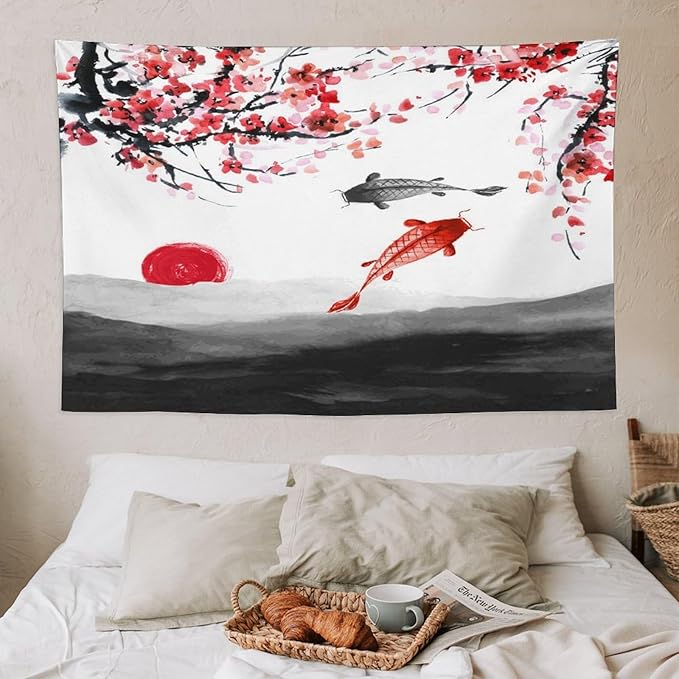 Houselerax Japanese Koi Fish Tapestries, Cherry Blossoms Asian Oriental Flower Branch Koi Fish Carp Tapestry Wall Hanging for Bedroom Living Room Office Decor 60"x40"-Ruum Studio Home