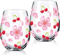 Sliner 2 Pack 17oz Cherry and Flower Stemless Wine Glasses Cherry Blossom Drinking Glasses Floral Tumbler Cups for Women Birthday Anniversary Gift Parties Supplies-Ruum Studio Home