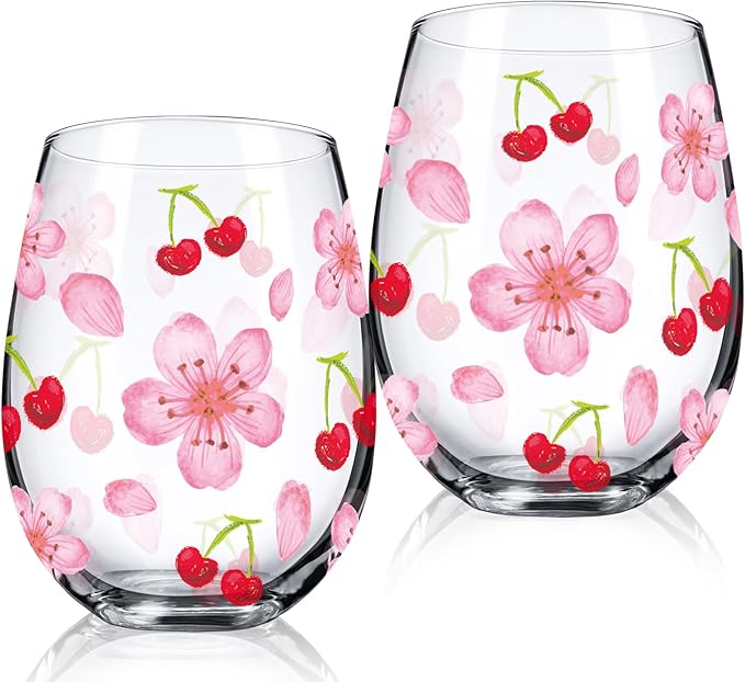 Sliner 2 Pack 17oz Cherry and Flower Stemless Wine Glasses Cherry Blossom Drinking Glasses Floral Tumbler Cups for Women Birthday Anniversary Gift Parties Supplies-Ruum Studio Home