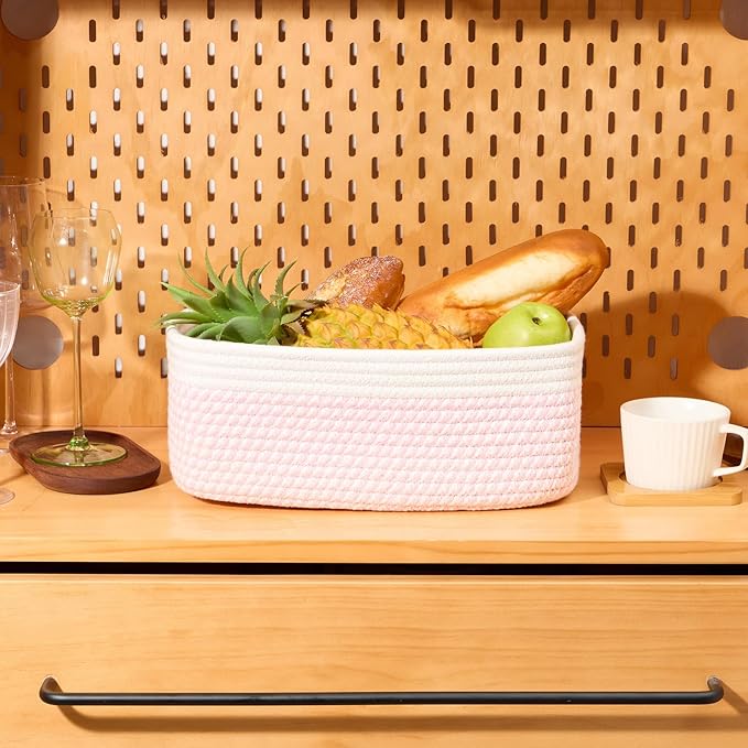 Small Storage Baskets for Organizing | Closet Organizer Bins | Shelf Toy Basket | Woven Rope Baskets | Cube Decorative Box | Shallow Basket | 13x8.5x5.1” | 3 Packs White Pink-Ruum Studio Home