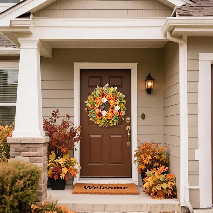 Fall Wreath for Front Door, 24 Inch Autumn Wreath with Pumpkins, Peony, Sunflowers & Dahlias, Fall Decorations for Home, Artificial Flowers Harvest and Thanksgiving Indoor & Outdoor-Ruum Studio Home