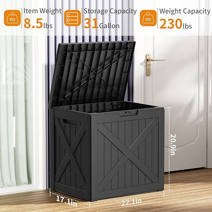 32 Gallon Resin Deck Box, Lockable Outdoor Storage Box for Patio Cushions Storage Furniture,Garden Tools, Pool Supplies, Weatherproof and UV Resistant（Black X）-Ruum Studio Home