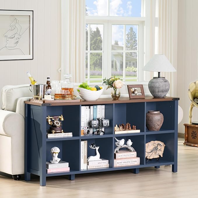 8 Cube Book Shelf, Farmhouse Wood Long Storage Organizer Bookcase, 62" Horizontal Navy Blue Console Closet Bookshelf, Hallway TV Stand for Entryway, Display Cabinet Book Case for Living Room-Ruum Studio Home