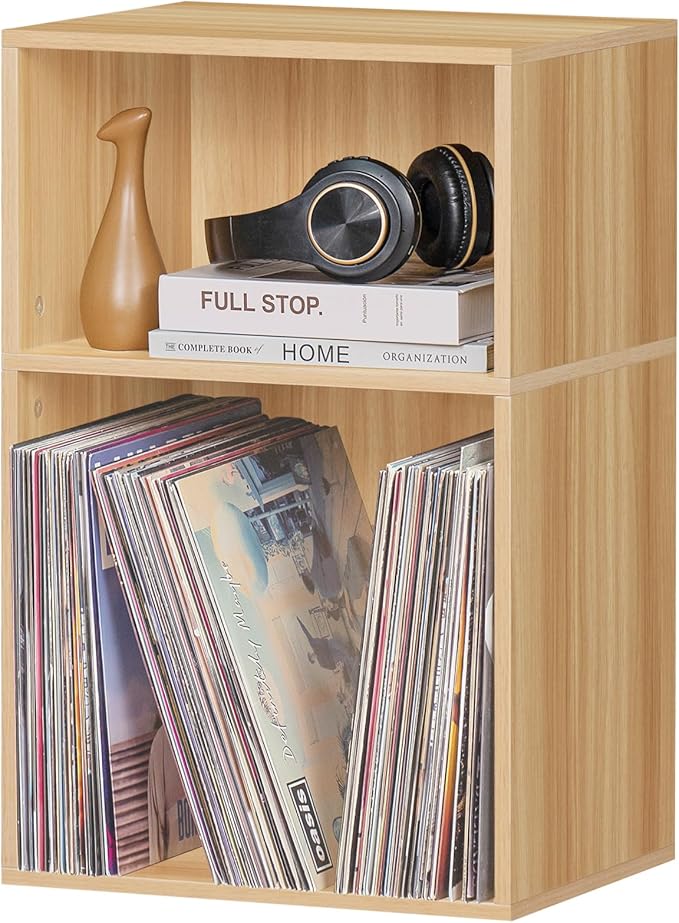 LEYAOYAO 2 Cube Bookshelf,Natural Record Player Stand Holds up to 100 Albums, Mini Wood Book Shelf Storage Organizer,Turntable Stand with Vinyl Storage Cabinet, Narrow Open Bookcase for Small Spaces-Ruum Studio Home