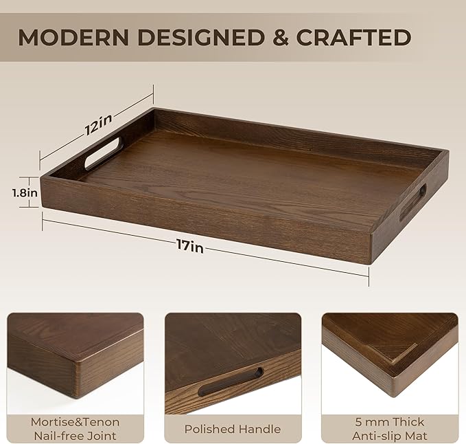 Axeman Wooden Serving Tray with Wood Handles|Ottoman Tray for Breakfast, Bed, Couch|17x12in Ash Wood Coffee Table Trays|Food Drinks Decorative Storage Boards for Ottoman Kitchen, Walnut-Ruum Studio Home