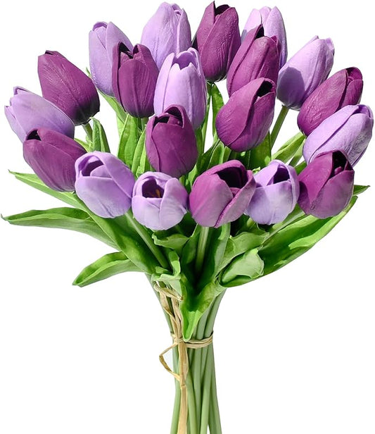 Mandy's Artificial Tulips 20 Stems Shades of Purple PU Faux Flowers for Wedding Home Decor 13.5 Inch-Ruum Studio Home