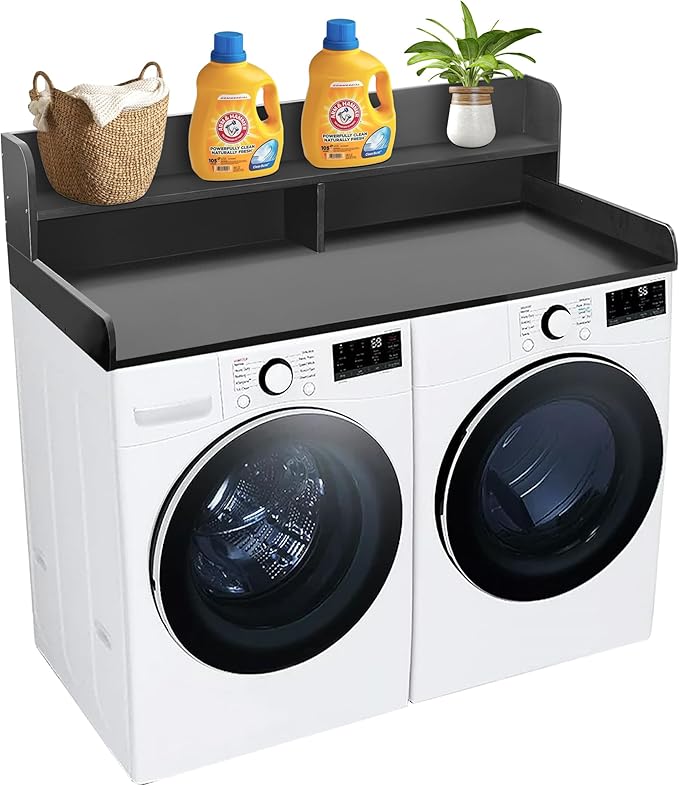 Royxen Laundry Countertop with 2-Tier Shelf Universal Fit, Washer and Dryer Countertop with Storage Space, Shelf Height 11.5 Inches, Solid Wood, Black-Ruum Studio Home