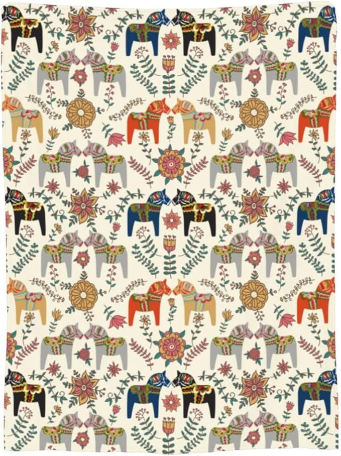 Swedish Dala Horses Throw Blanket Soft Fleece Blanket Men Women Gift for Kids Boys Girls for Party Couch Sofa Bed Deco Blankets 80x60 Inches-Ruum Studio Home