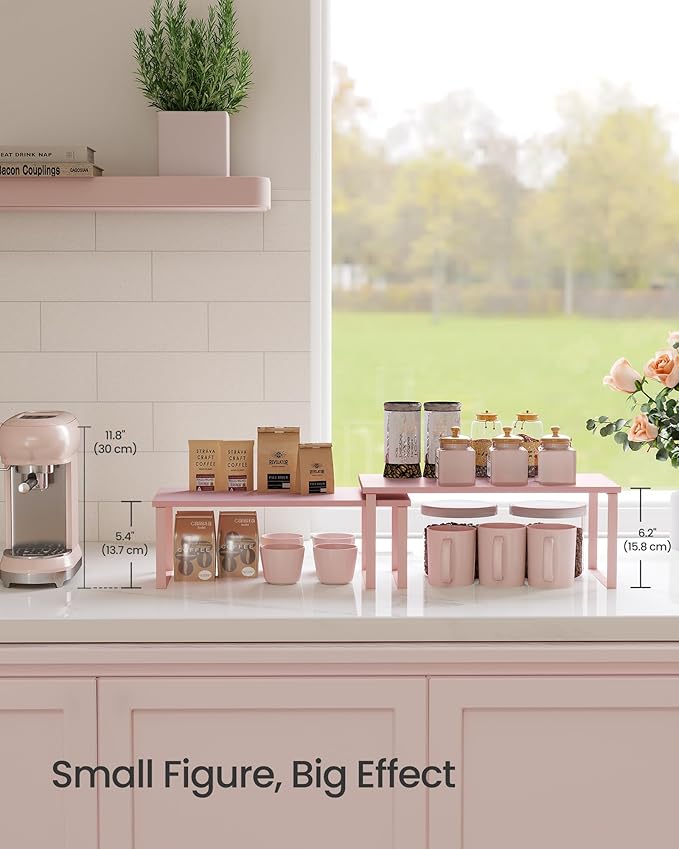 SONGMICS Cabinet Organizer Shelf, Set of 2 Kitchen Counter Shelves, Kitchen Storage, Spice Rack, Stackable, Expandable, Metal and Engineered Wood, Jelly Pink UKCS025S01-Ruum Studio Home
