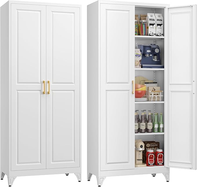 75" Storage Cabinet, Metal Pantry Cabinet, Kitchen Pantry Storage Cabinets with Doors and 4 Shelves, Cabinets for Laundry Room, Living Room, Dinning Room, Assembly Required, White-Ruum Studio Home