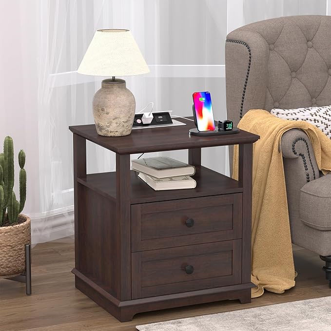 HIFYOBRO Large End Table Set of 2, 2 Drawers and Charging Station, Type-C & USB Port & Power outlets, Wooden End Table, Side Table with Storage for Living Room and Bedroom (Espresso)-Ruum Studio Home