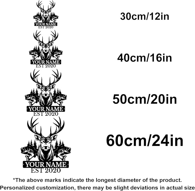 Personalized Custom Forest Deer and Fish Wall Decor, Metal Signs, Black Metal Wall Art, Custom Name Signs for Dad's Shed, Camping and Hunting Decor-Ruum Studio Home
