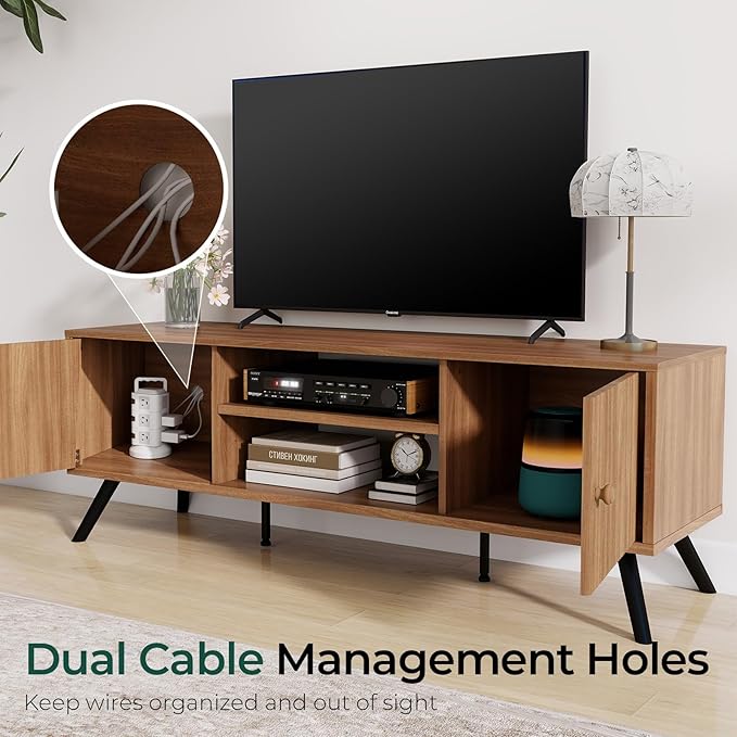 COMHOMA TV Stand for Living Room, Mid Century Modern Entertainment Center for 55/60/65 Inch TVs, Retro Brown TV Console with Fluted Door Cabinets and Open Adjustable Shelve Storage for Bedroom-Ruum Studio Home