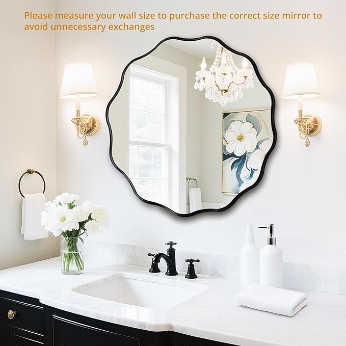 Fabuady Black Round Wavy Edge Mirror - 24'' Circle Wall Mirror with Metal Frame, Decorative Hanging/Leaning Mirror for Bathroom, Bedroom, Living Room, Hallway, Entryway, Office, Home Decor-Ruum Studio Home