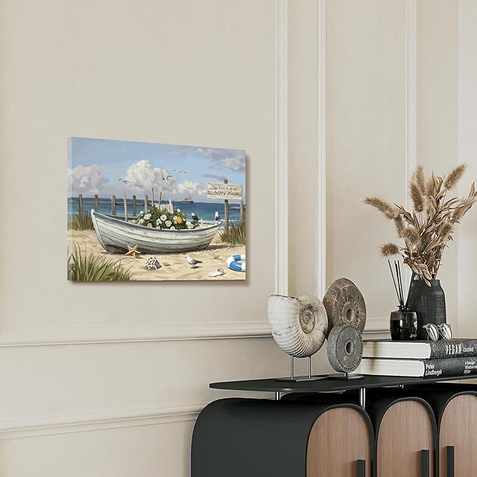 amatop Coastal Wall Art– Beach Scene Picture with Boat on Sandy Shore, Flowers and Sea Birds, Blue Ocean Seascape Themed Canvas Print Nautical Artwork for Bathroom and Bedroom Decor, Small 16x12 Inch-Ruum Studio Home