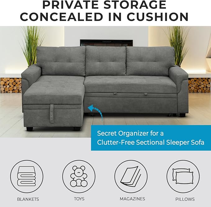 Naomi Home L-Shaped Reversible Sectional Sofa with Pull-Out Sleeper Bed and Storage Chaise, Gray Velvet-Ruum Studio Home
