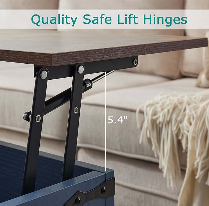 Blue Coffee Table with Storage, Cocktail Table with Hinged Lift Top, Farmhouse Square Wood Center Table with Large Hidden Storage Compartment for Living Room, Square Coffee Table, Metal Edges Decor-Ruum Studio Home