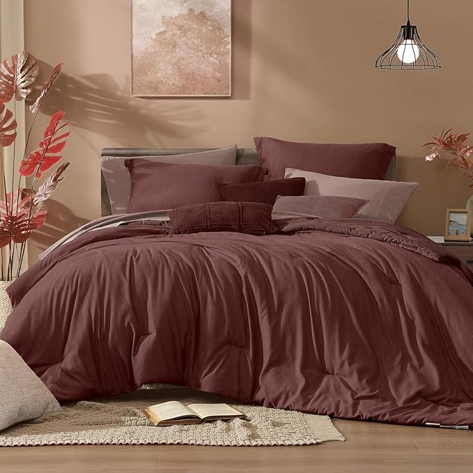 Monbix California King Comforter Set - 7 Pieces Cationic Dyeing Dark Red Bed in a Bag Cal King Bedding Sets with Comforter, Sheets, Pillowcases & Shams, Reversible Bedding Comforters Sets (108 * 92)-Ruum Studio Home